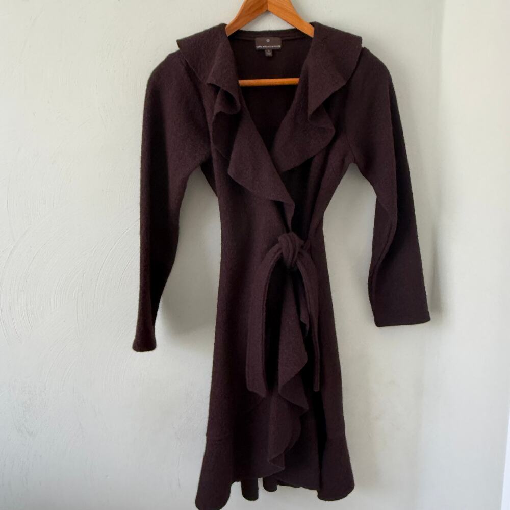 Fenn Wright Manson 100% Wool Ruffled Long Tie-Waist Cardigan Coat Brown, size S